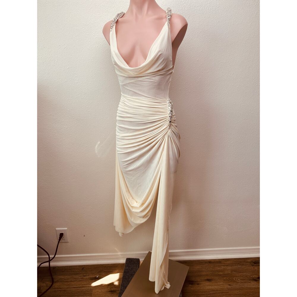 NWT David Koma Cream Crystal Claw Draped Mesh Dress US 6